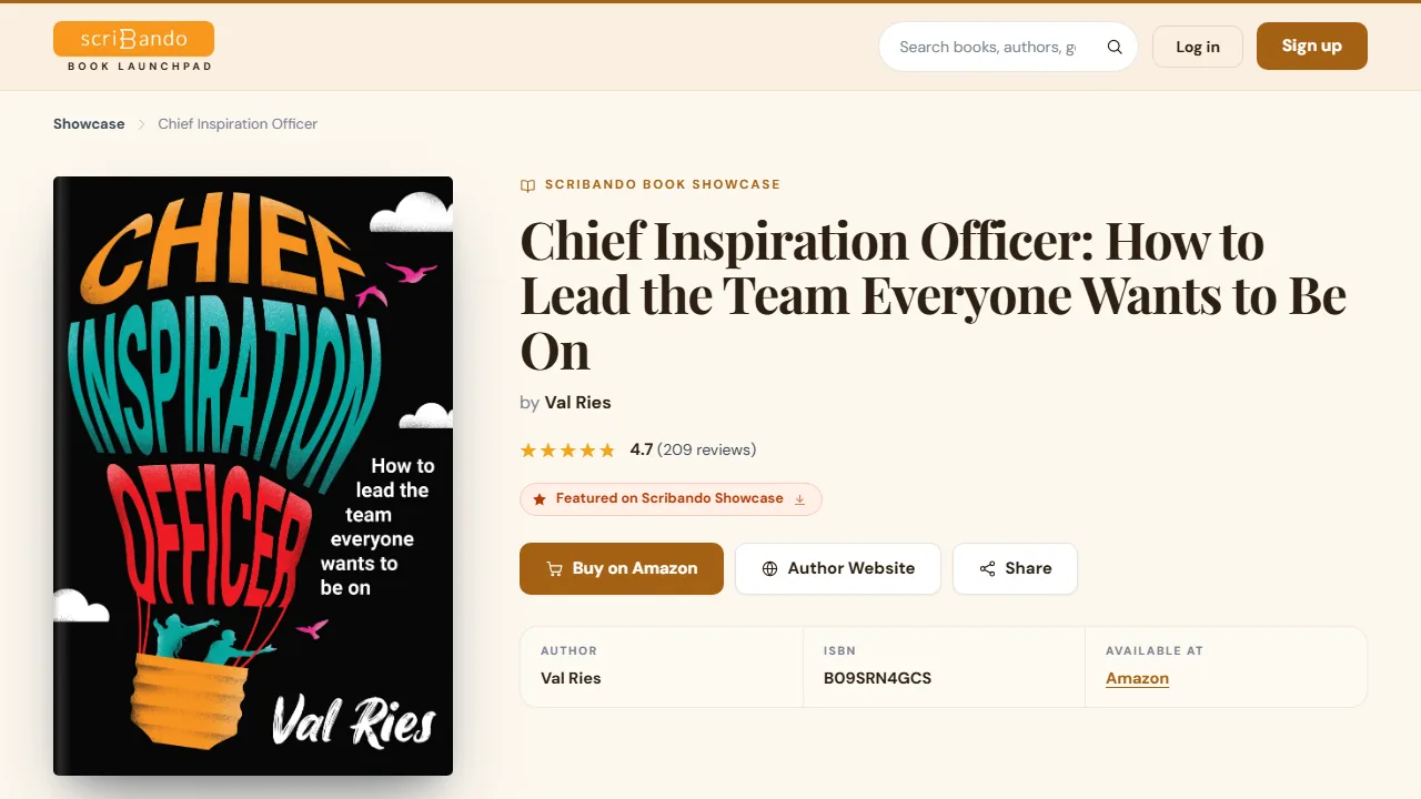A book listing on the Scribando Showcase: Chief Inspiration Officer by Val Ries, with its rating, Showcase badge and Buy on Amazon button