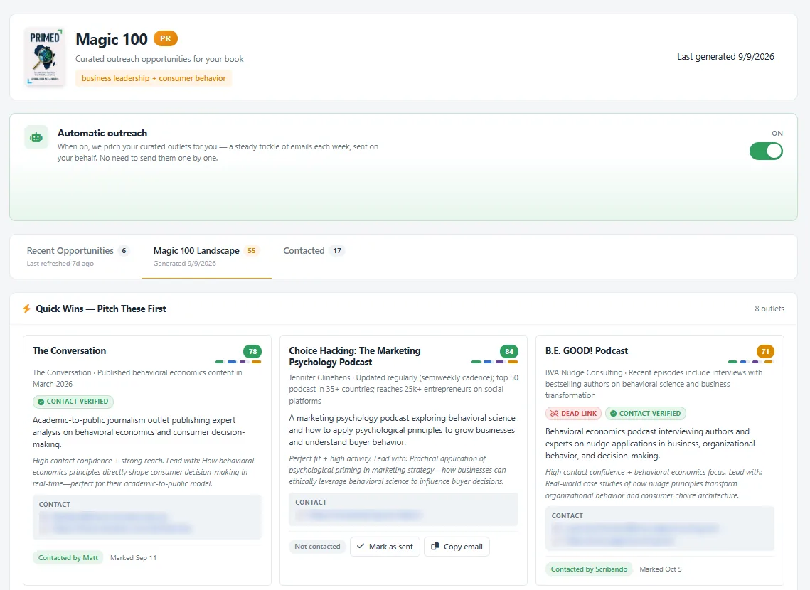 The PR Engine: a book's curated outreach list, with automatic outreach switched on and scored media outlets to pitch